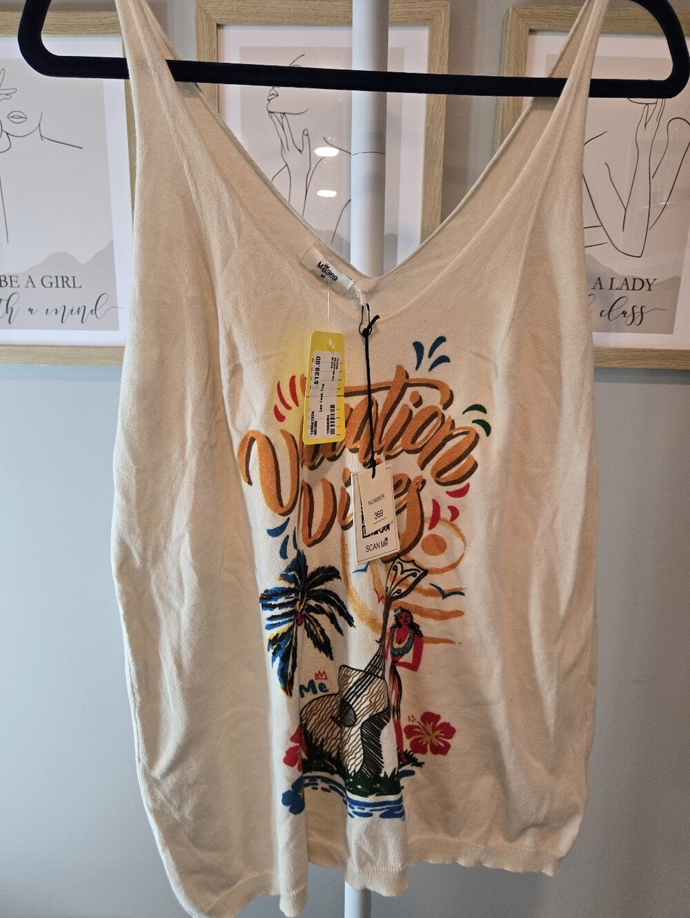 NWT 🔥 Me369 Vacay Vibes Cream Graphic V-Neck Tropical Tank Top
